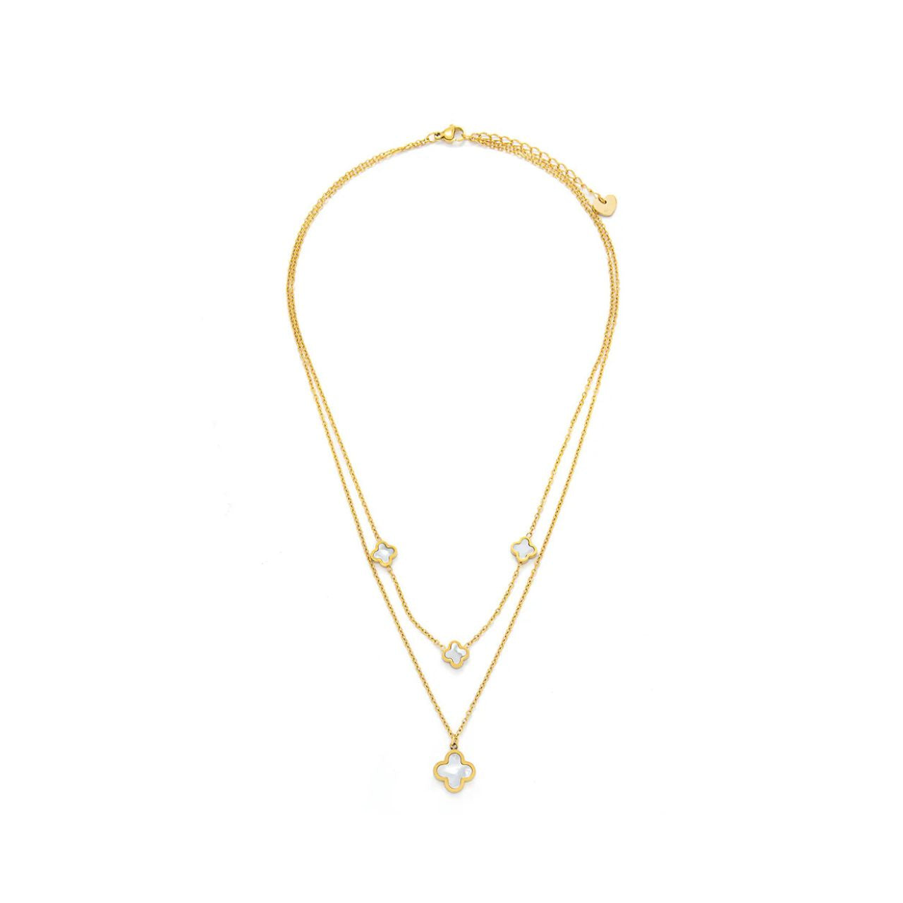 Beautiful layered clover necklace with white shell front & back of each element. Length 41/46 + 5cm extension. Gold plating.