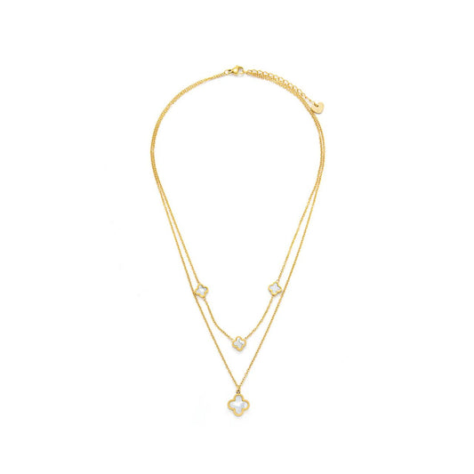 Beautiful layered clover necklace with white shell front & back of each element. Length 41/46 + 5cm extension. Gold plating.