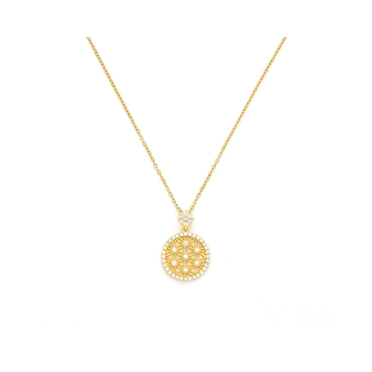 Beautiful floral shapes enclosed in crystal encrusted circle. Length 41 + 5cm extension. Gold plating.