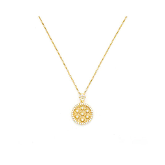 Beautiful floral shapes enclosed in crystal encrusted circle. Length 41 + 5cm extension. Gold plating.