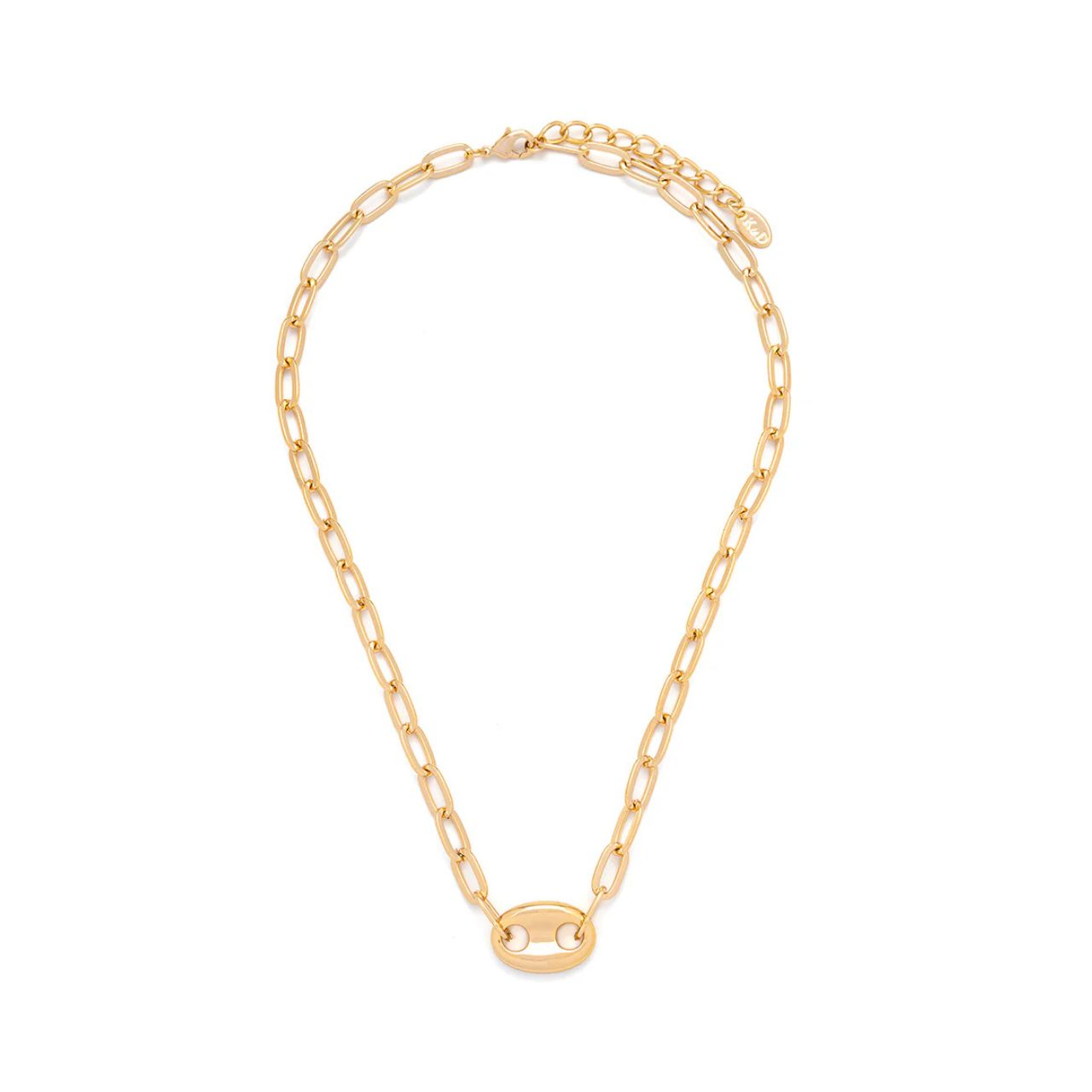 Lightweight paper clip chain necklace with contemporary style centre piece. Length 17" + 2" extension. Gold plating.