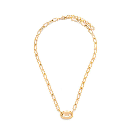 Lightweight paper clip chain necklace with contemporary style centre piece. Length 17" + 2" extension. Gold plating.