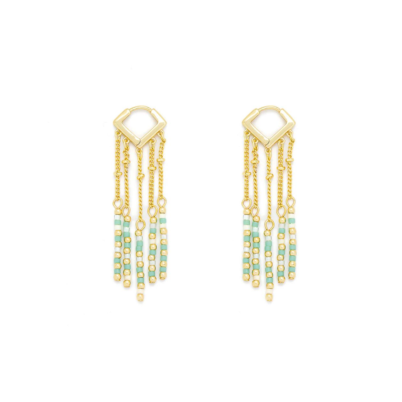 Beautiful drop earrings with green tone, semi precious stones, Post & clip fastening. Gold plating.