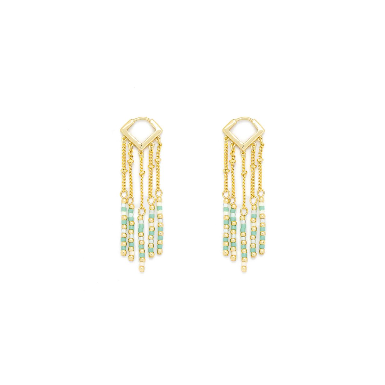 Beautiful drop earrings with green tone, semi precious stones, Post & clip fastening. Gold plating.