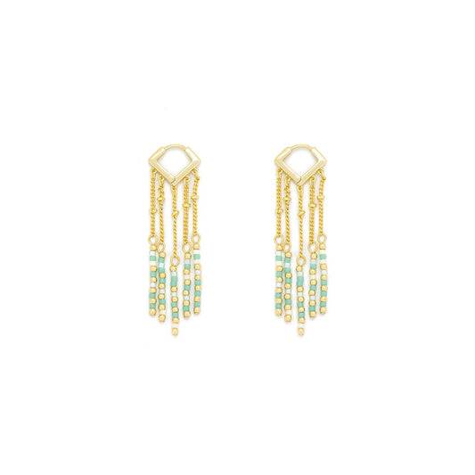 Beautiful drop earrings with green tone, semi precious stones, Post & clip fastening. Gold plating.