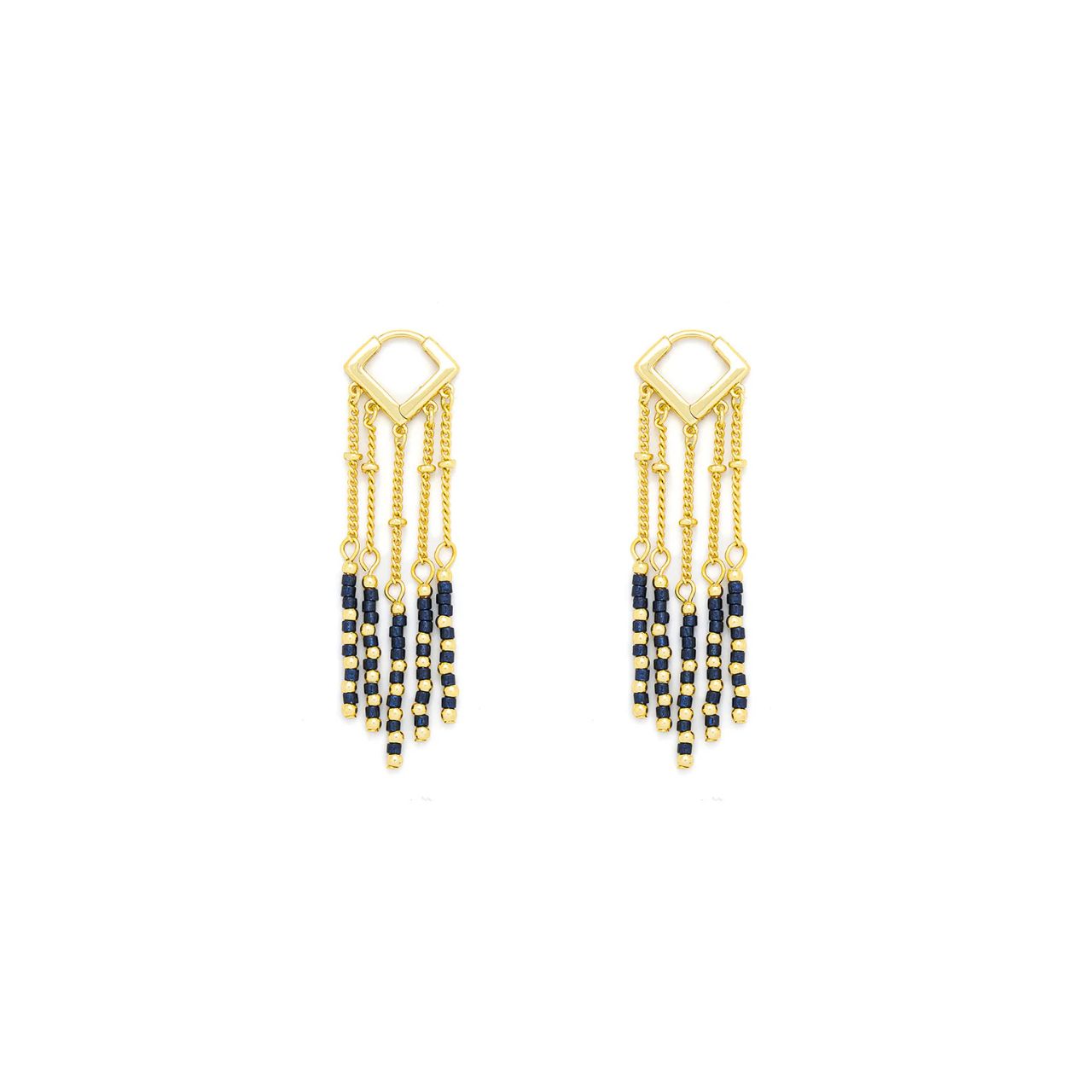 These Knight & Day earrings feature striking lapis lazuli semi-precious stones set in elegant gold plating. Designed with both post and clip fastenings, they offer versatile and secure wear. Their refined craftsmanship highlights the deep blue hues of lapis, making them a sophisticated choice for adding a touch of timeless elegance to any ensemble.