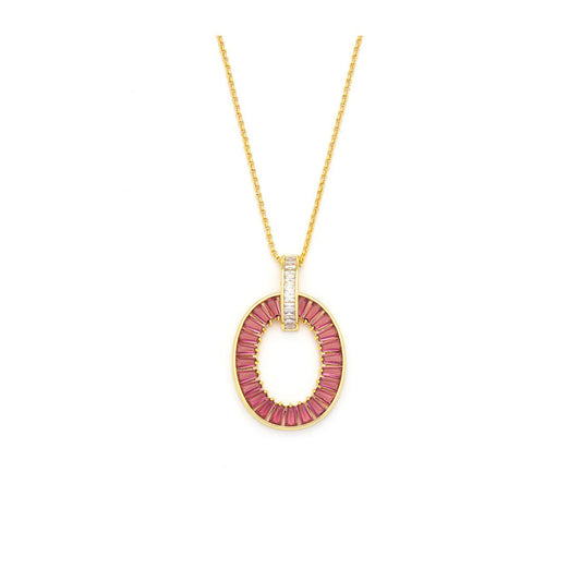 Beautiful oval shape embellished with red rose CZ stones in baguette style. Length 28" + 2" extension. Gold plating.