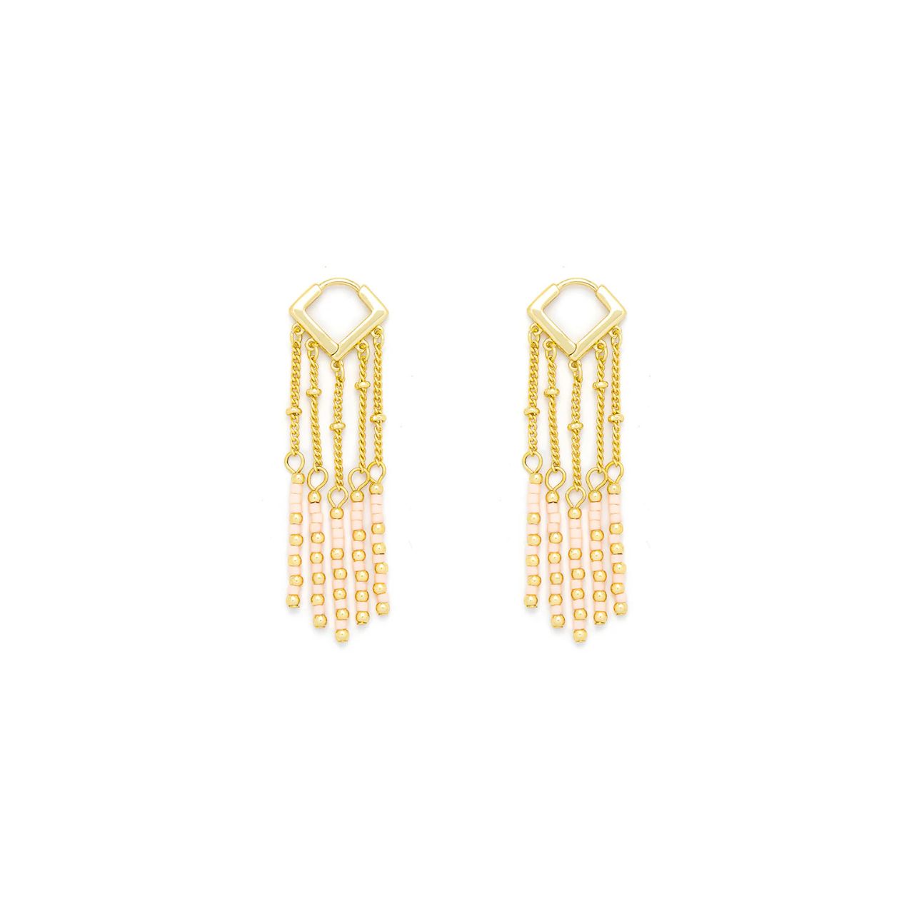 Beautiful drop earrings with peach tone, semi precious stones. Post & clip fastening. Gold plating.