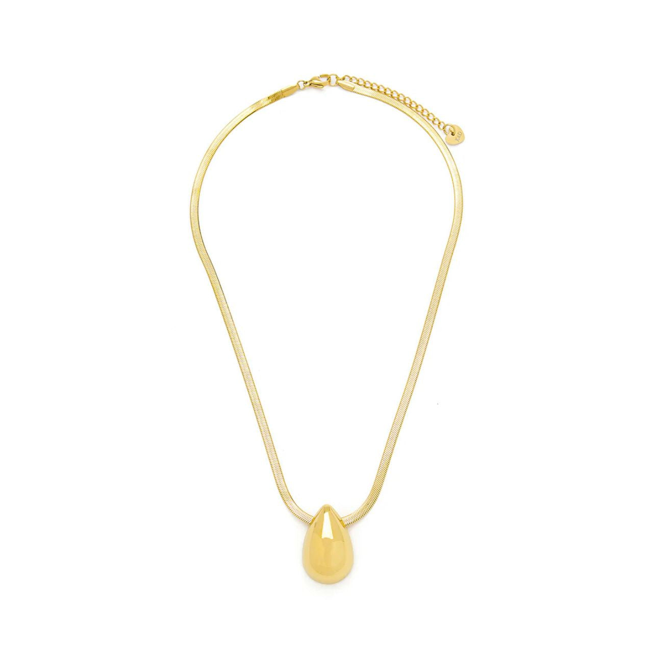 Beautiful gold teardrop on trendy flat snake chain. Length 44 + 5cm extension. IP 14K gold plating.