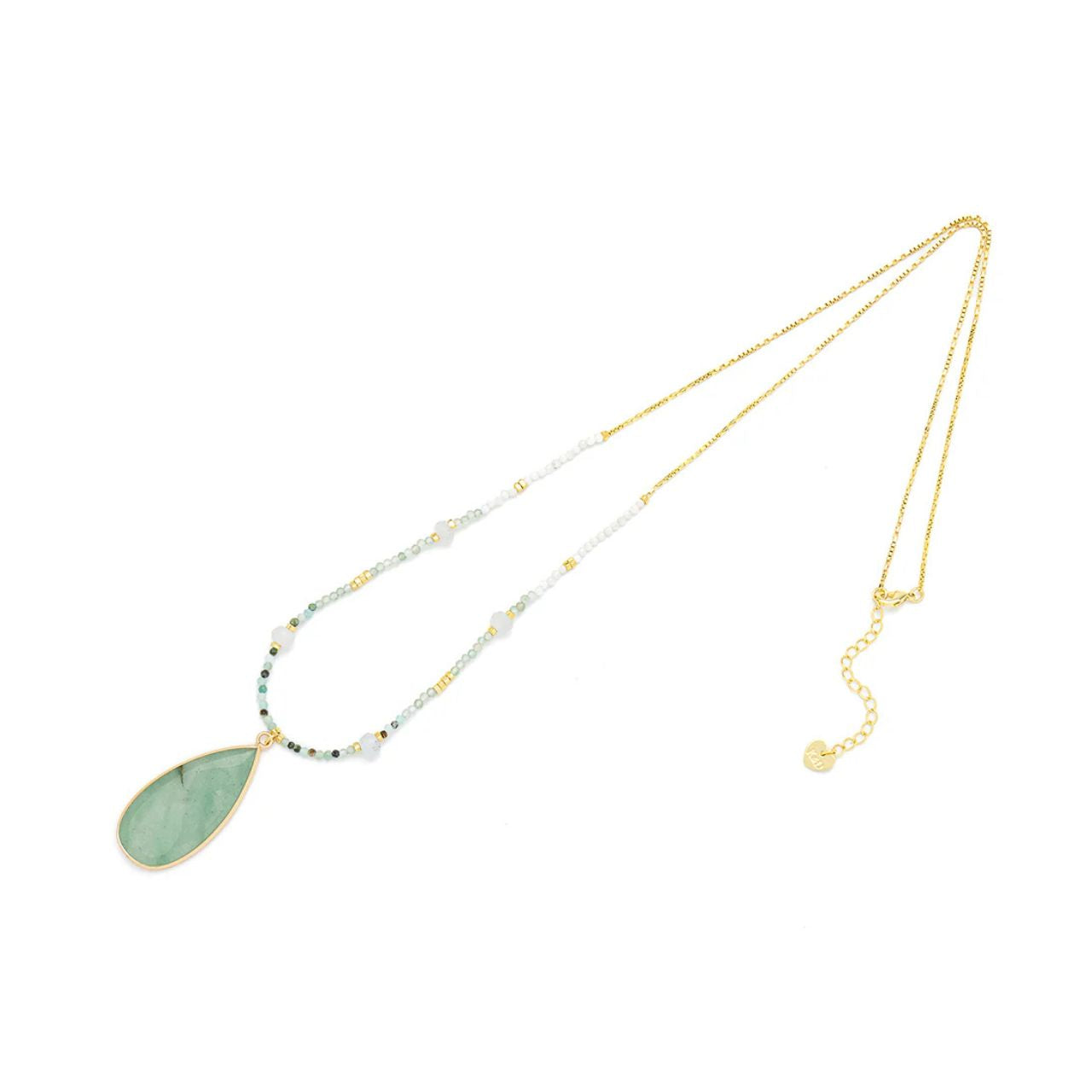Long, semi precious stone necklace with mix of moonstone, gold & green stone beads & centre piece of green aventurine. Length 70cm. Gold plating.