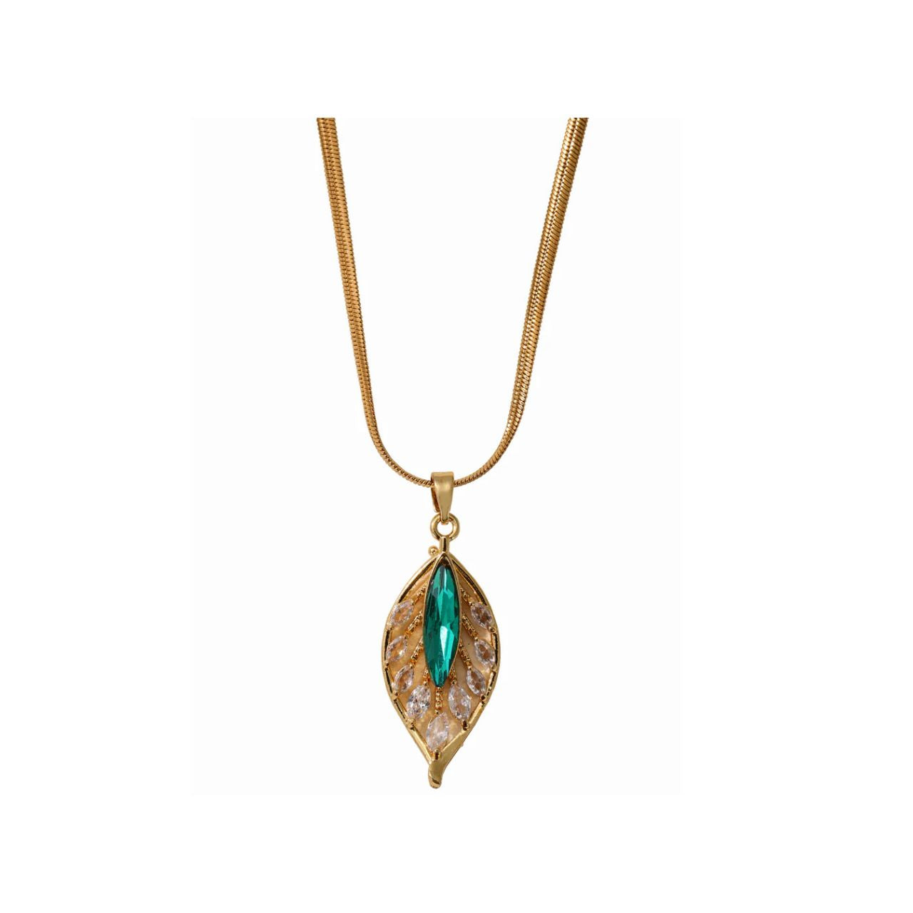 Beautiful leaf pendant embellished with green & clear crystal on an elegant snake chain necklace. The delicate design combines lustrous gold tones with sparkling gemstone accents for a sophisticated look.