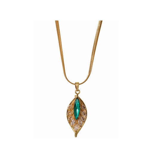 Beautiful leaf pendant embellished with green & clear crystal on an elegant snake chain necklace. The delicate design combines lustrous gold tones with sparkling gemstone accents for a sophisticated look.