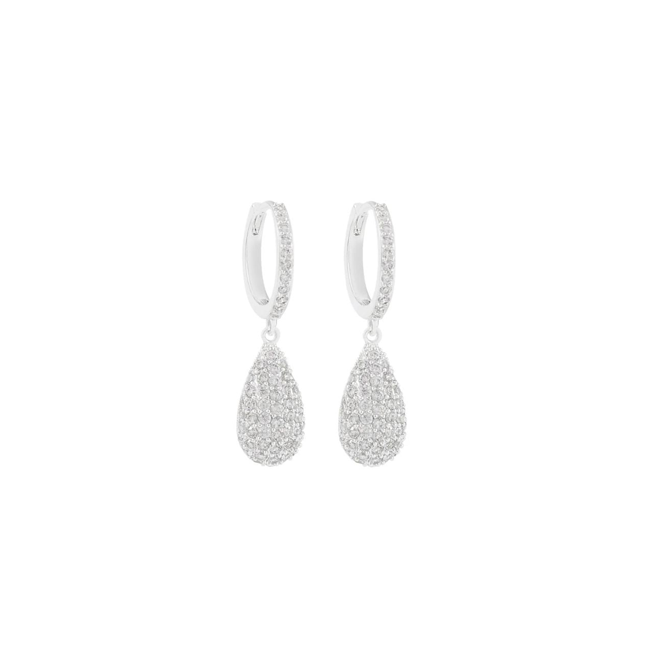 Beautiful teardrop earrings on miniature hoops, richly encrusted with CZ stones. Silver plating.