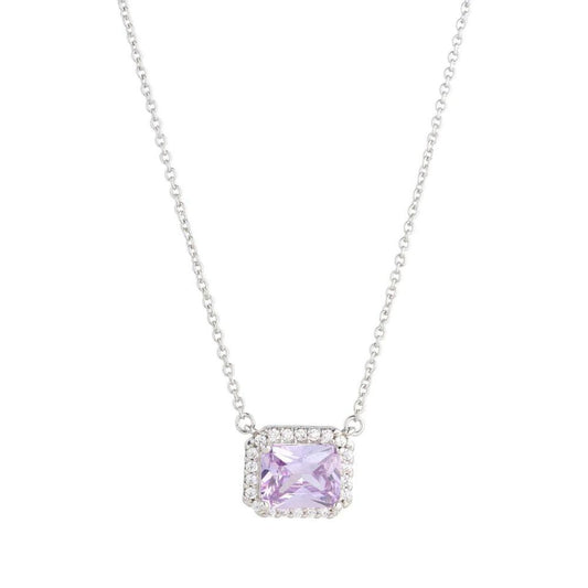 Enhance your outfit with the Knight & Day Horizontal Lavender CZ Necklace. Made with silver plating and featuring a stunning lavender CZ stone, this necklace adds a touch of elegance and sophistication to any look. Perfect for any occasion, this necklace is a must-have for any jewellery collection.