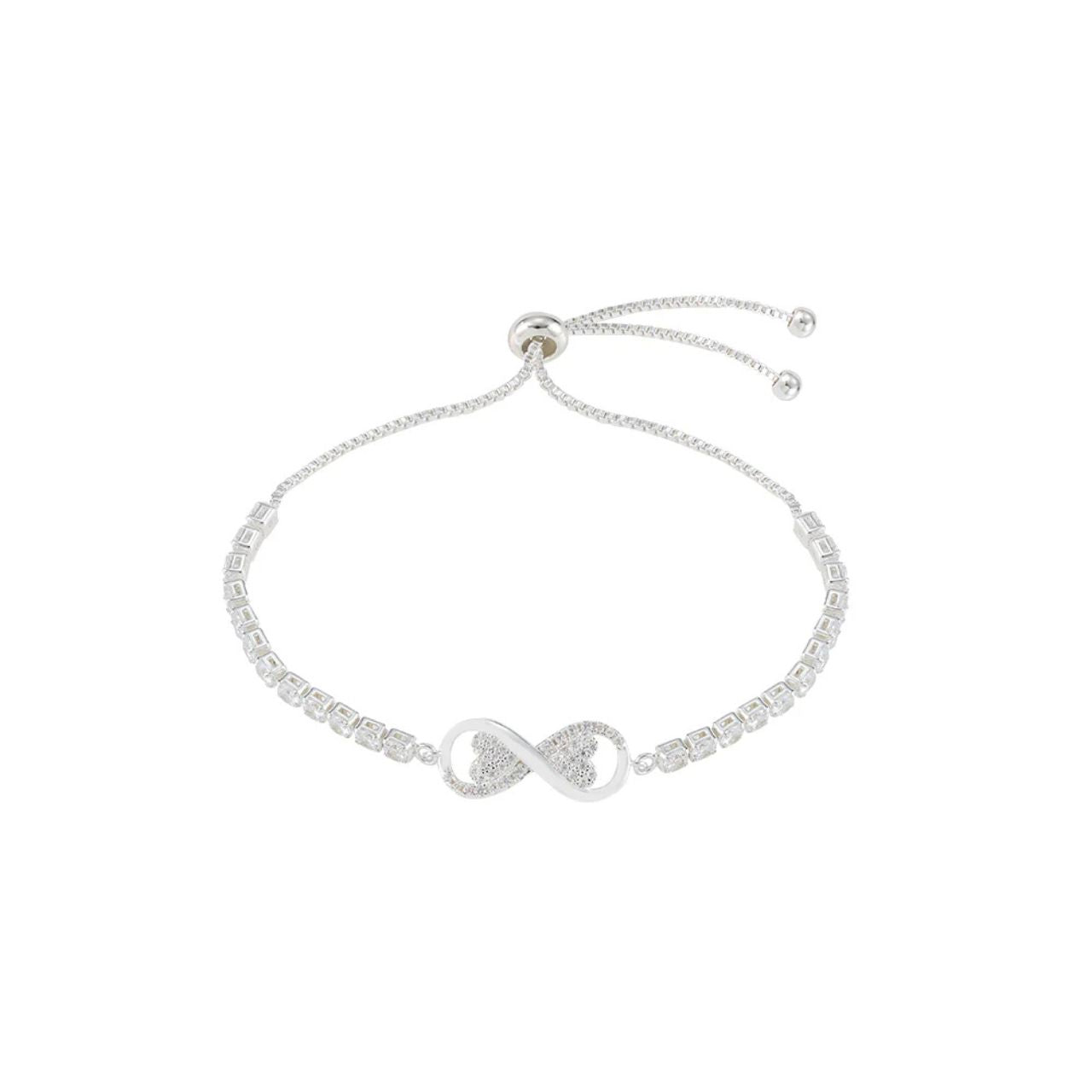 Beautiful silver plated bracelet with slider fastening & Infinity centre piece.