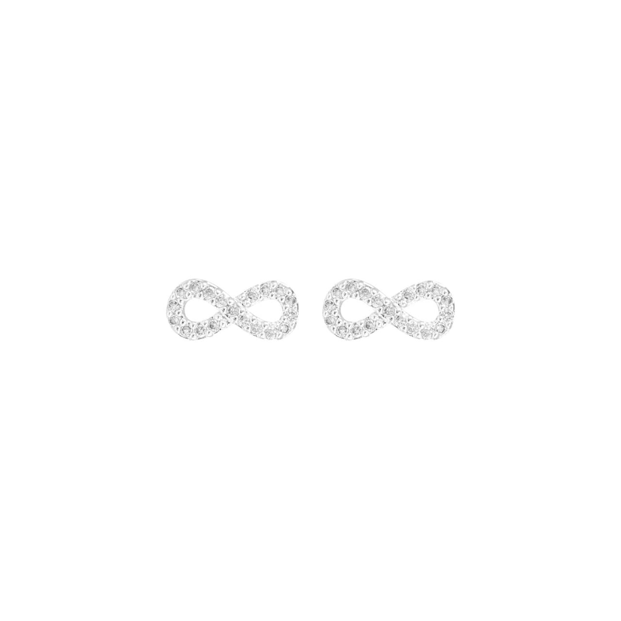 Tiny Infinity earrings embellished with CZ stones. Stud fastening.