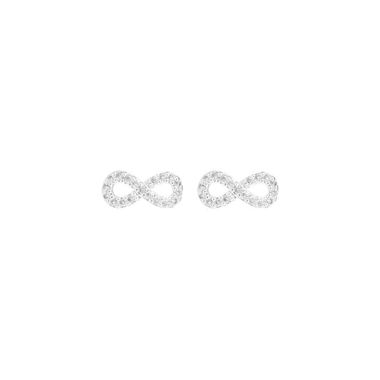 Tiny Infinity earrings embellished with CZ stones. Stud fastening.