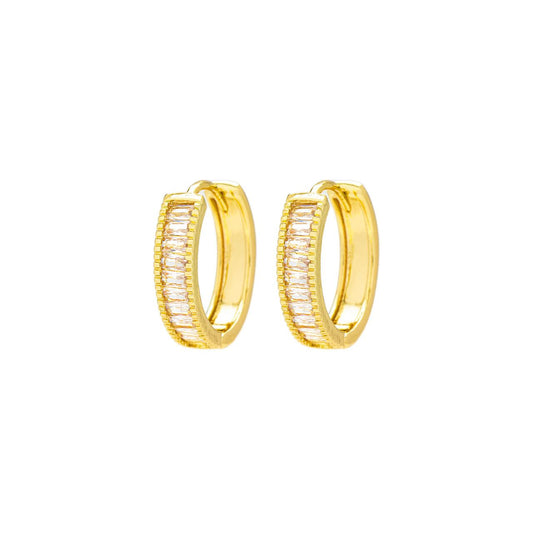 Izabella B medium gold hoops with CZ stones. Inner diameter 14mm. Post & clip fastening. Gold plating. Ideal for stacking.