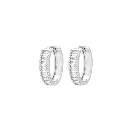 Izabella B medium silver hoops with CZ stones. Inner diameter 14mm. Post & clip fastening. Rhodium plating. Ideal for stacking.