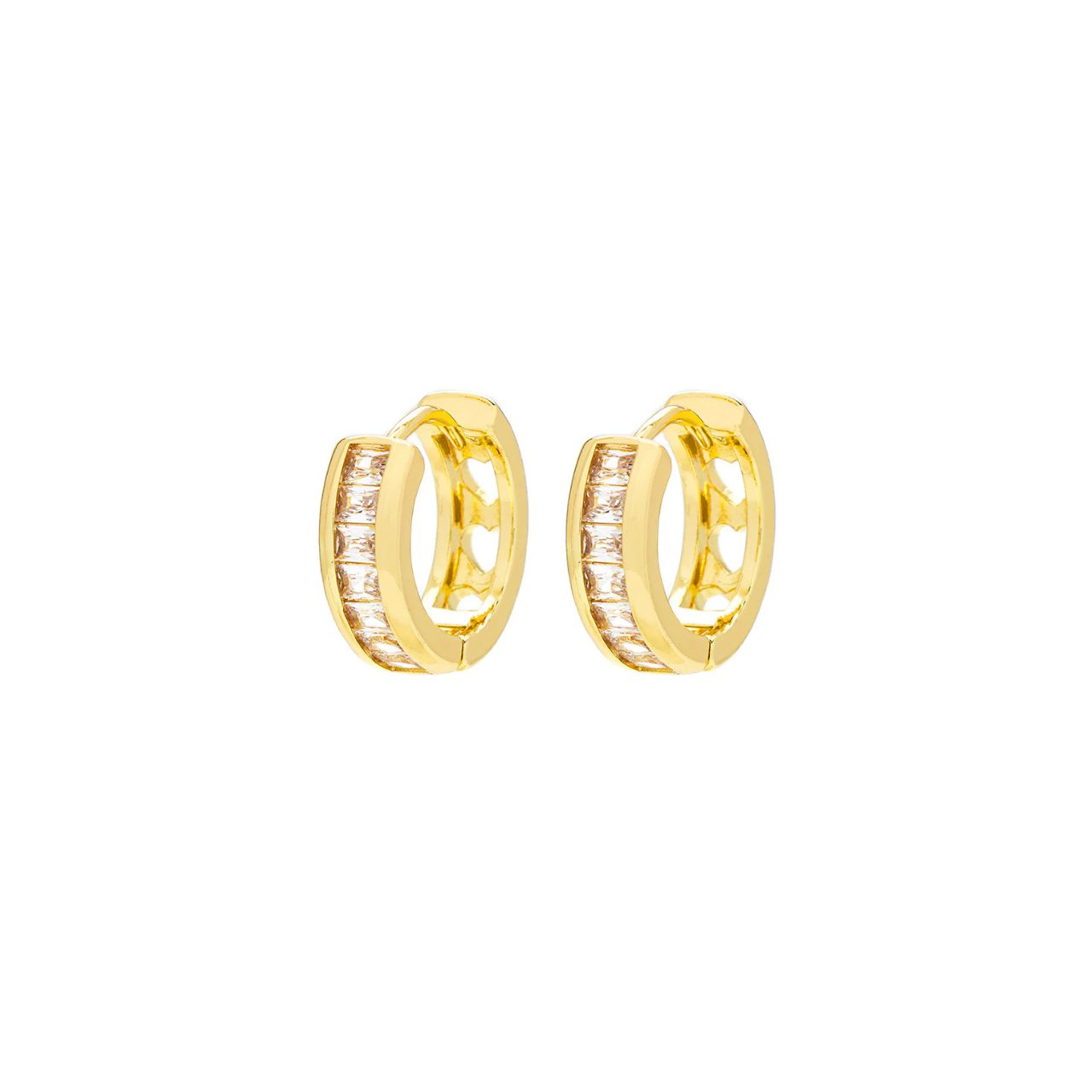 Small hoops with baguette style CZ stones. Inner diameter 12mm. Post & clip fastening.