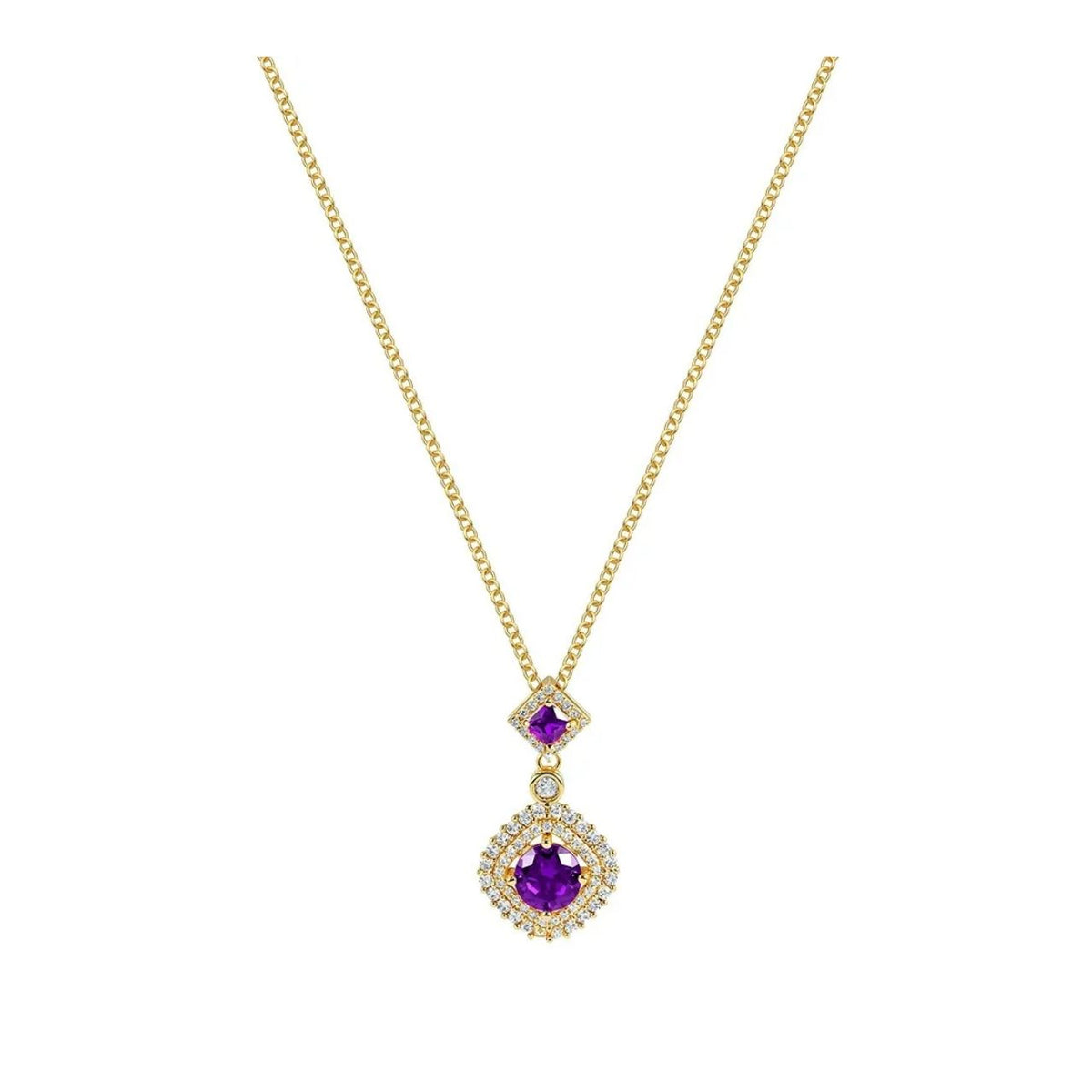 Vintage style double drop pendant featuring gorgeous amethyst crystals arranged in sparkling CZ stone settings, all finished with luxurious gold plating.