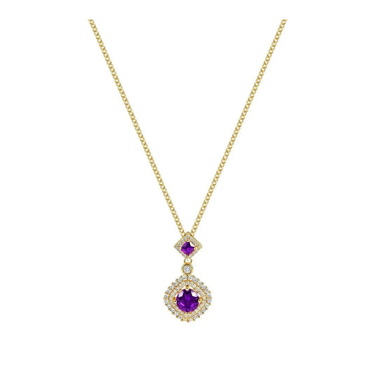 Vintage style double drop pendant featuring gorgeous amethyst crystals arranged in sparkling CZ stone settings, all finished with luxurious gold plating.