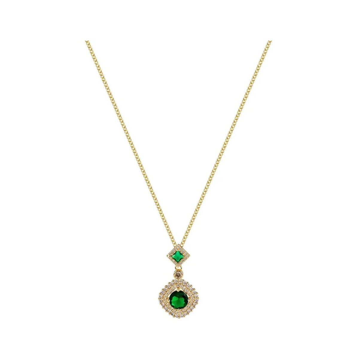 Vintage-inspired double drop pendant featuring stunning emerald crystals nestled among sparkling CZ stones in a diamond-shaped design. Finished with gold plating for timeless elegance. Adjustable length of 40cm plus 5cm extension chain for versatile styling.