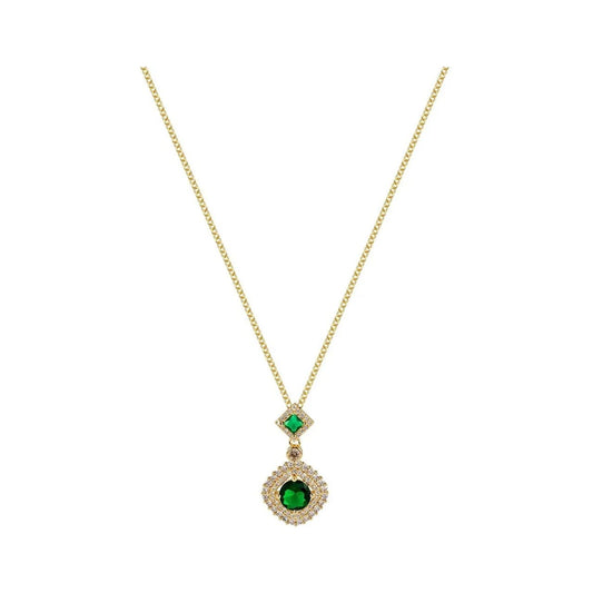 Vintage-inspired double drop pendant featuring stunning emerald crystals nestled among sparkling CZ stones in a diamond-shaped design. Finished with gold plating for timeless elegance. Adjustable length of 40cm plus 5cm extension chain for versatile styling.