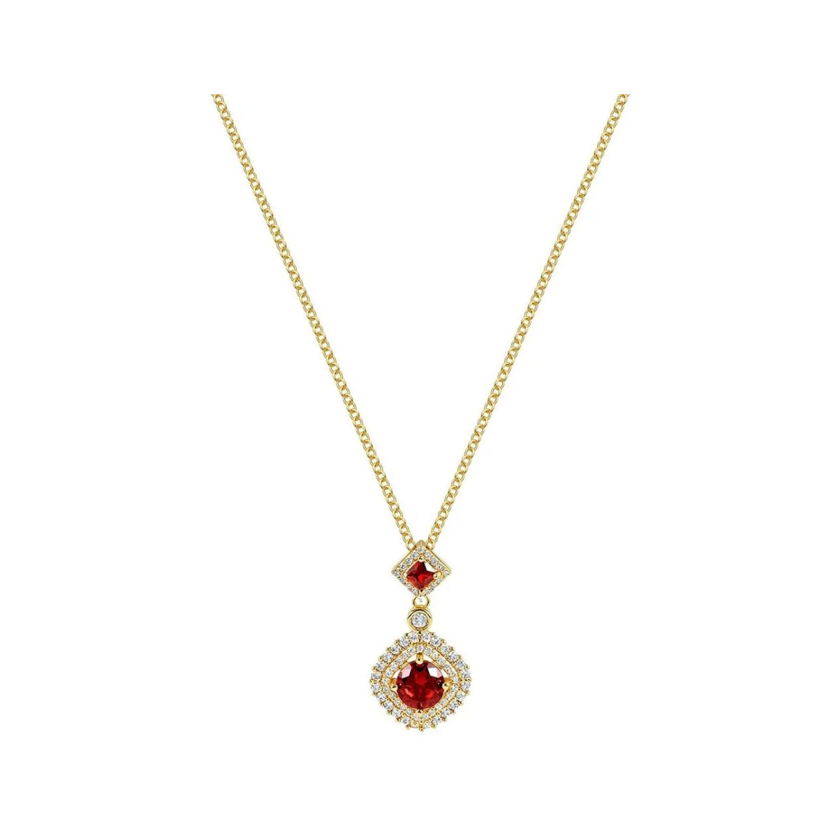 Vintage-inspired double drop pendant featuring stunning deep garnet crystals set among sparkling cubic zirconia stones.