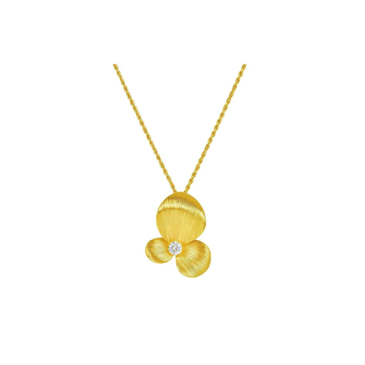 The Kinsley Necklace is a delicate fine necklace featuring an elegant floral drop design, finished with brushed 18 carat gold plating for a soft, sophisticated look.