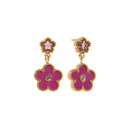 Lavender & crystal clover gold plated earrings with post fastening.