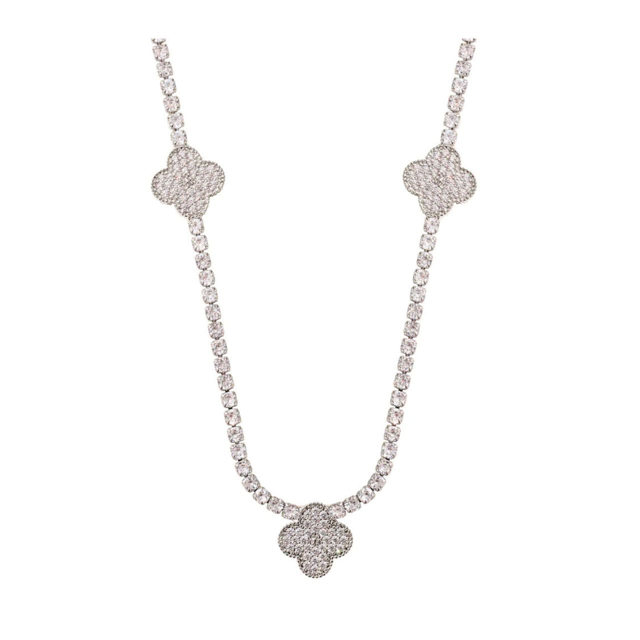Luxury necklace of CZ stones embellished with five beautiful crystal clovers. Fold over clasp fastening.