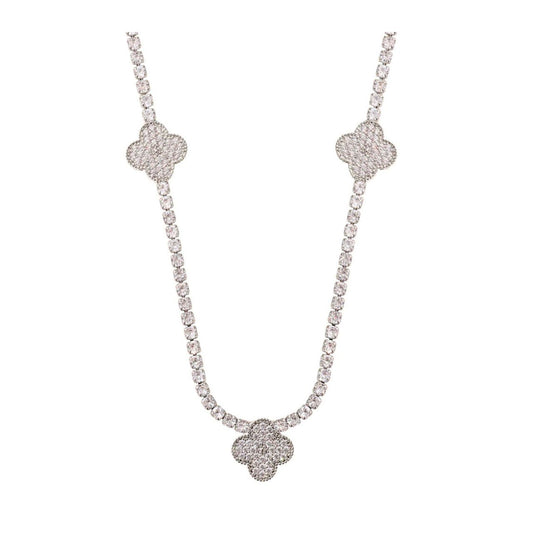 Luxury necklace of CZ stones embellished with five beautiful crystal clovers. Fold over clasp fastening.