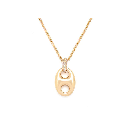 Long rolo chain with chunky contemporary design drop. Gold plating. Length 30" + 2" extension.