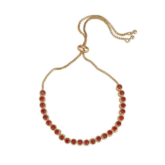 Mariana Garnet Bracelet by Knight & Day  Tennis bracelet with garnet CZ stones & slider fastening. Gold plating.