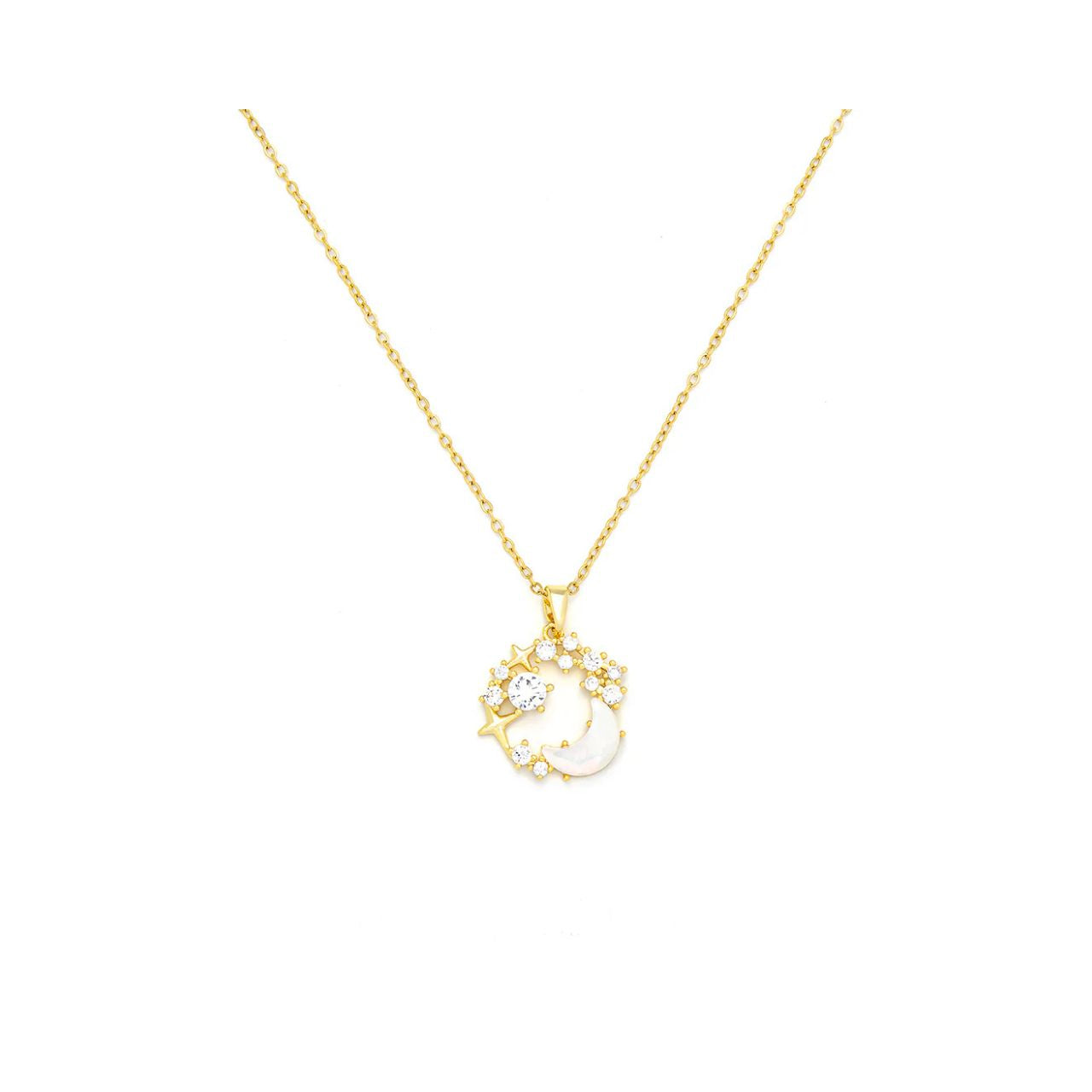 Beautiful white glass moon shape embellished with CZ stones. Length 41 + 5cm extension. Gold plating.