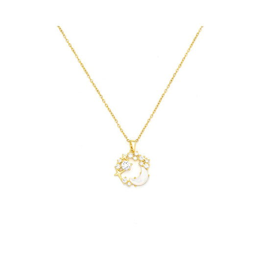 Beautiful white glass moon shape embellished with CZ stones. Length 41 + 5cm extension. Gold plating.