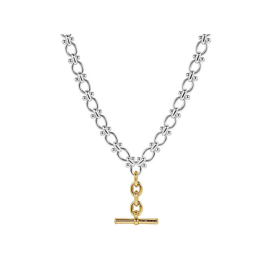 T Bar with difference! Beautiful gold plated T Bar drop with exquisitely ornamented silver plated chain. Length 44 + 5cm extension. Lobster claw fastening.