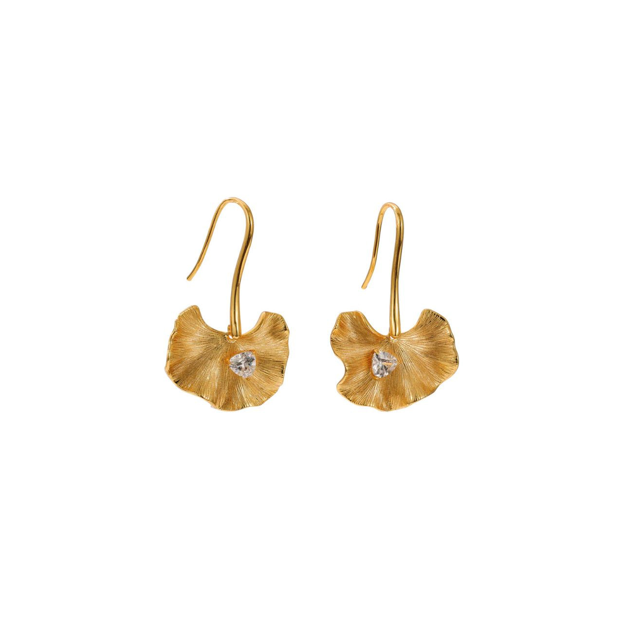The Ophelia Gold Drop Earrings feature an elegant petal-inspired design with a sparkling cubic zirconia (CZ) centrepiece, creating a delicate yet eye-catching jewellery piece.