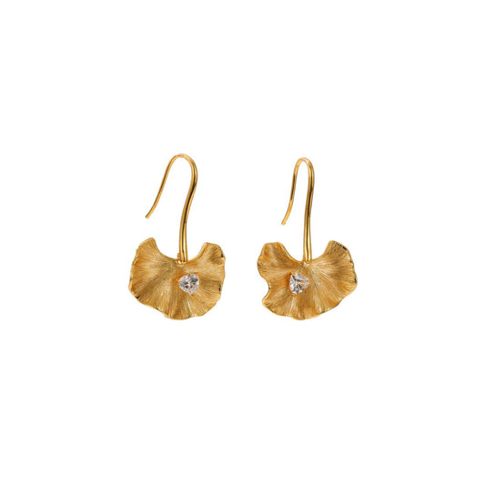 The Ophelia Gold Drop Earrings feature an elegant petal-inspired design with a sparkling cubic zirconia (CZ) centrepiece, creating a delicate yet eye-catching jewellery piece.