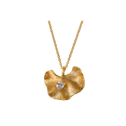 The Ophelia Gold Pendant Necklace features a delicate petal-inspired design centred with a sparkling cubic zirconia (CZ) stone, creating a timeless piece that adds effortless elegance to any outfit.