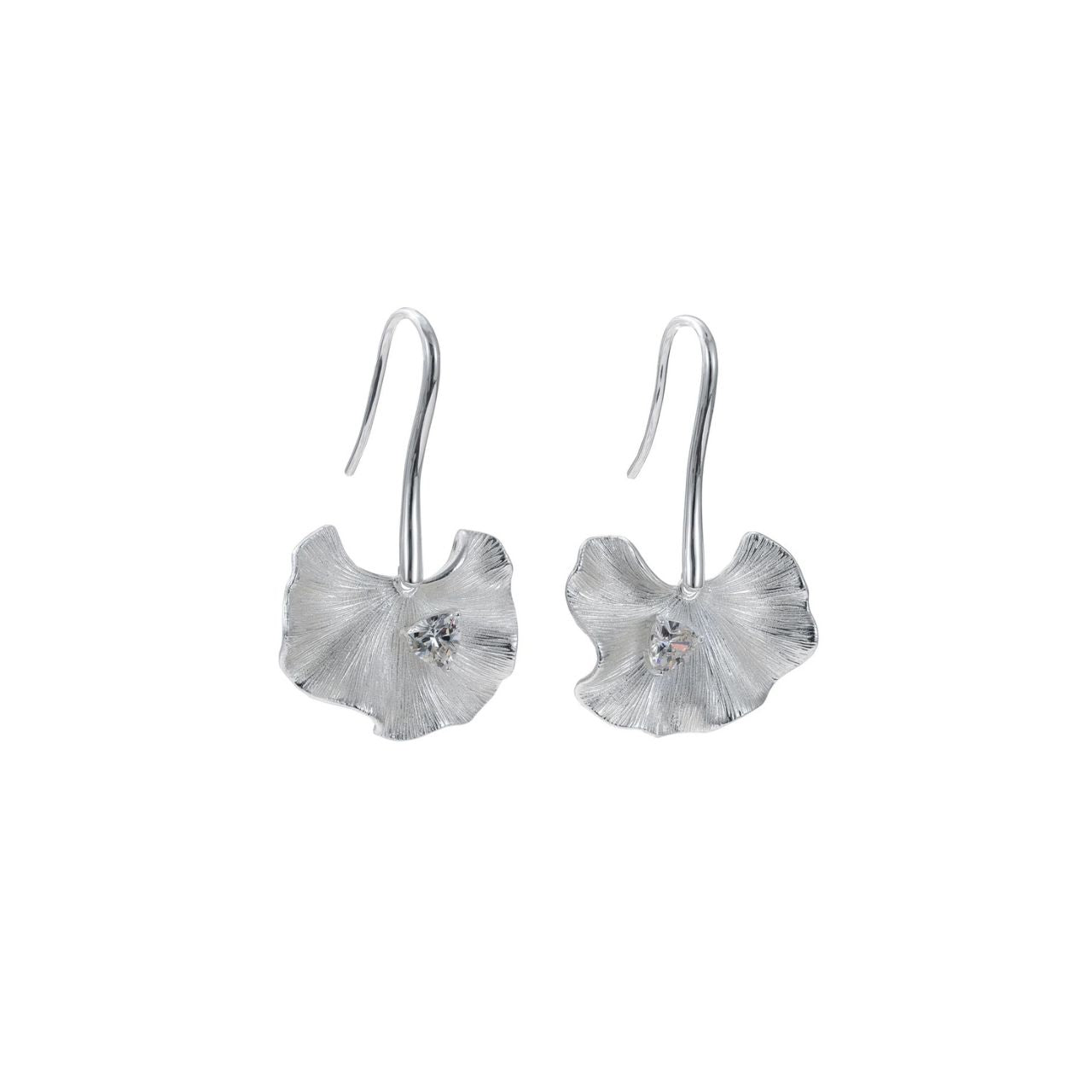 Silver petal design drop with CZ centrepiece and elongated fish hook fastening. Silver plating. Length 3.8 cm.
