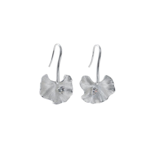 Silver petal design drop with CZ centrepiece and elongated fish hook fastening. Silver plating. Length 3.8 cm.