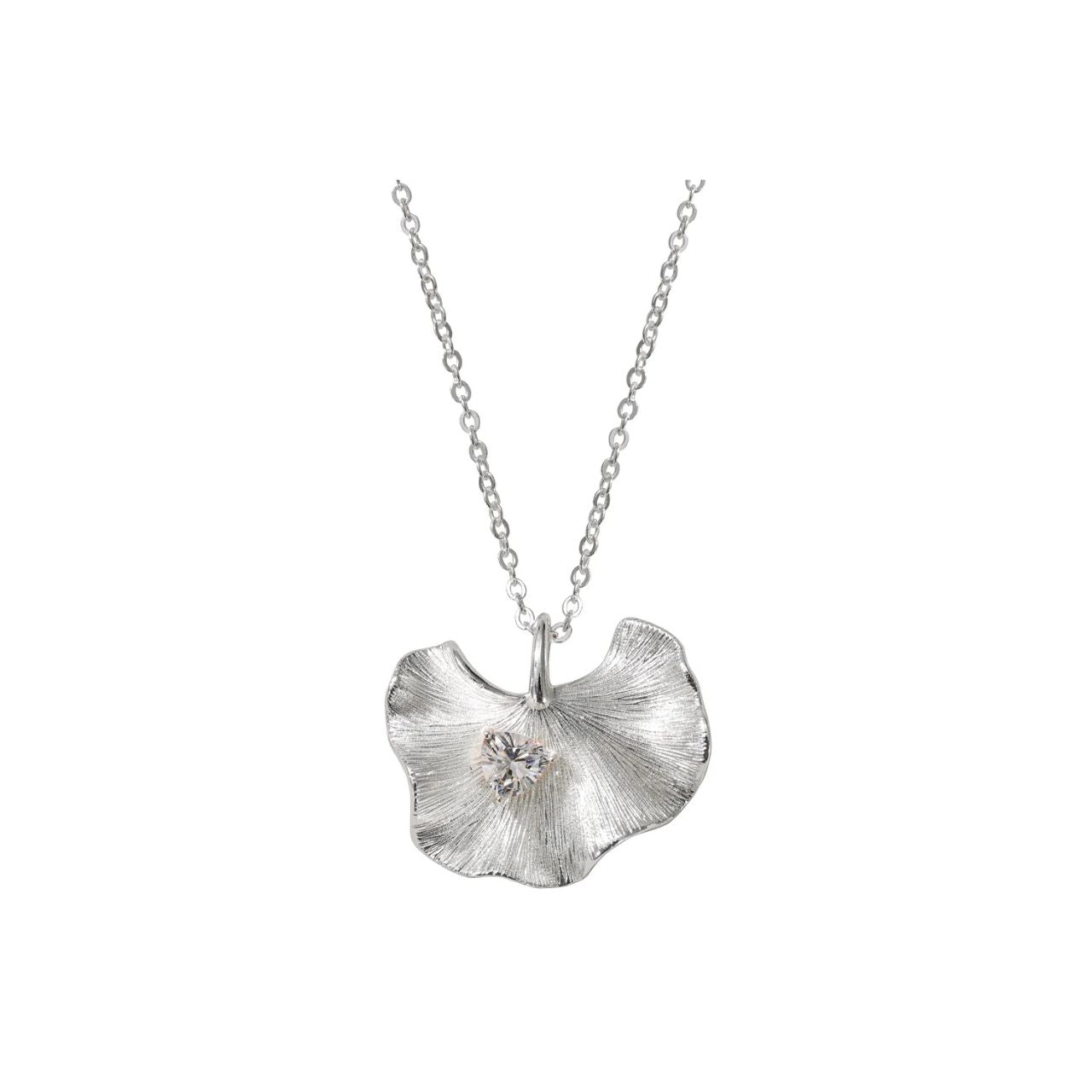 Silver petal design pendant with CZ centre stone. Length of chain 40 + 5cm extension. Slider fitting also to facilitate shorter wearing. Silver plating.