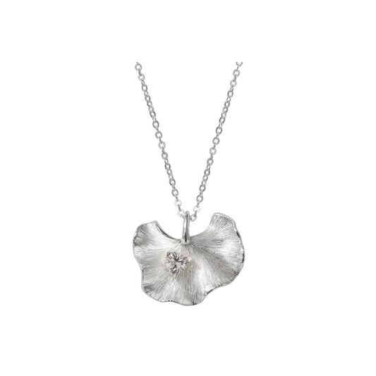Silver petal design pendant with CZ centre stone. Length of chain 40 + 5cm extension. Slider fitting also to facilitate shorter wearing. Silver plating.