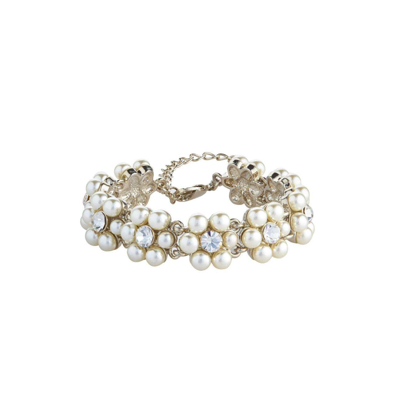 Faux cream pearl, crystal &amp; rhodium bracelet. Beautiful vintage style mix of pearls &amp; crystal. Lobster claw fastening with 3" extension.
