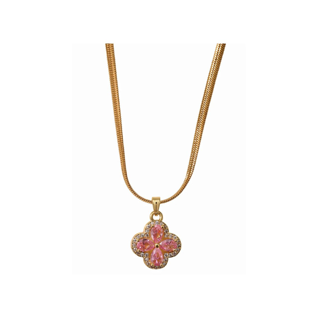 A charming clover pendant that captures the essence of Irish luck and elegance. Each of the four leaves features a soft pink crystal, beautifully framed with sparkling clear crystal detailing for added sophistication.