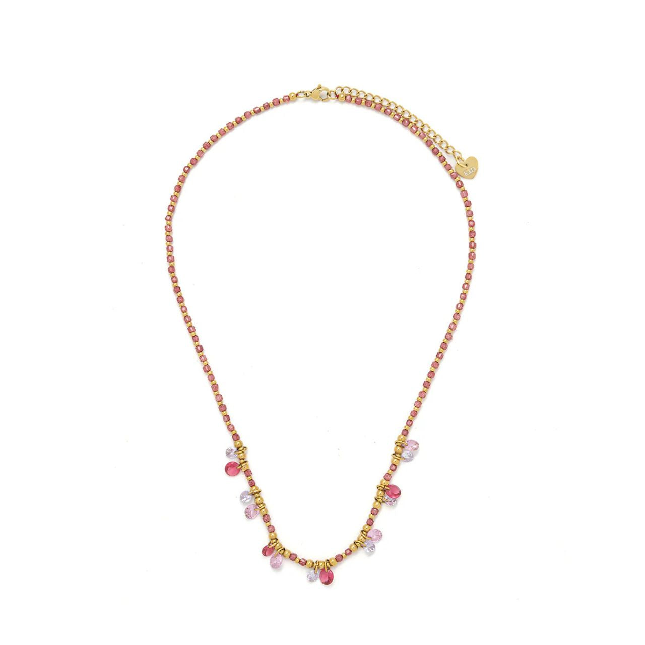 Delicate chain with crystal & gold beads and mix of pink amethyst & fuchsia crystal drops. Length 40 + 5cm extension. 14k gold plating.