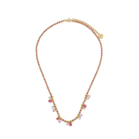 Delicate chain with crystal & gold beads and mix of pink amethyst & fuchsia crystal drops. Length 40 + 5cm extension. 14k gold plating.