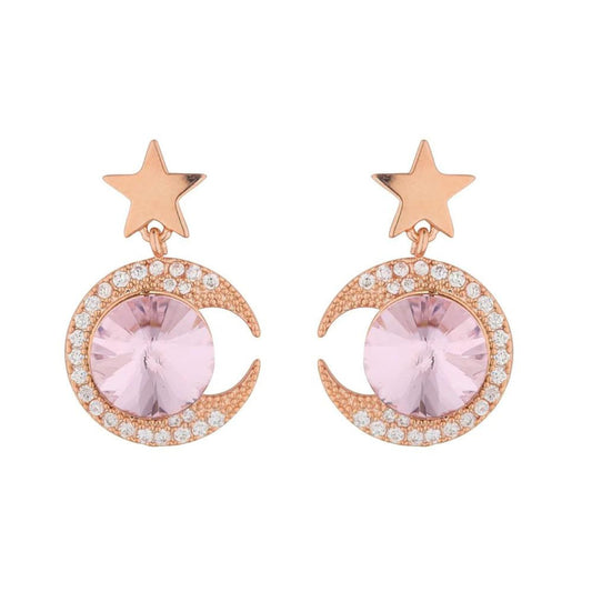 Rose Gold Pink Moon Crystal Earrings by Knight & Day  Crystal encrusted moon shape embellished with pink crystal centre piece. Star shaped stud fitting. Rose gold plating.